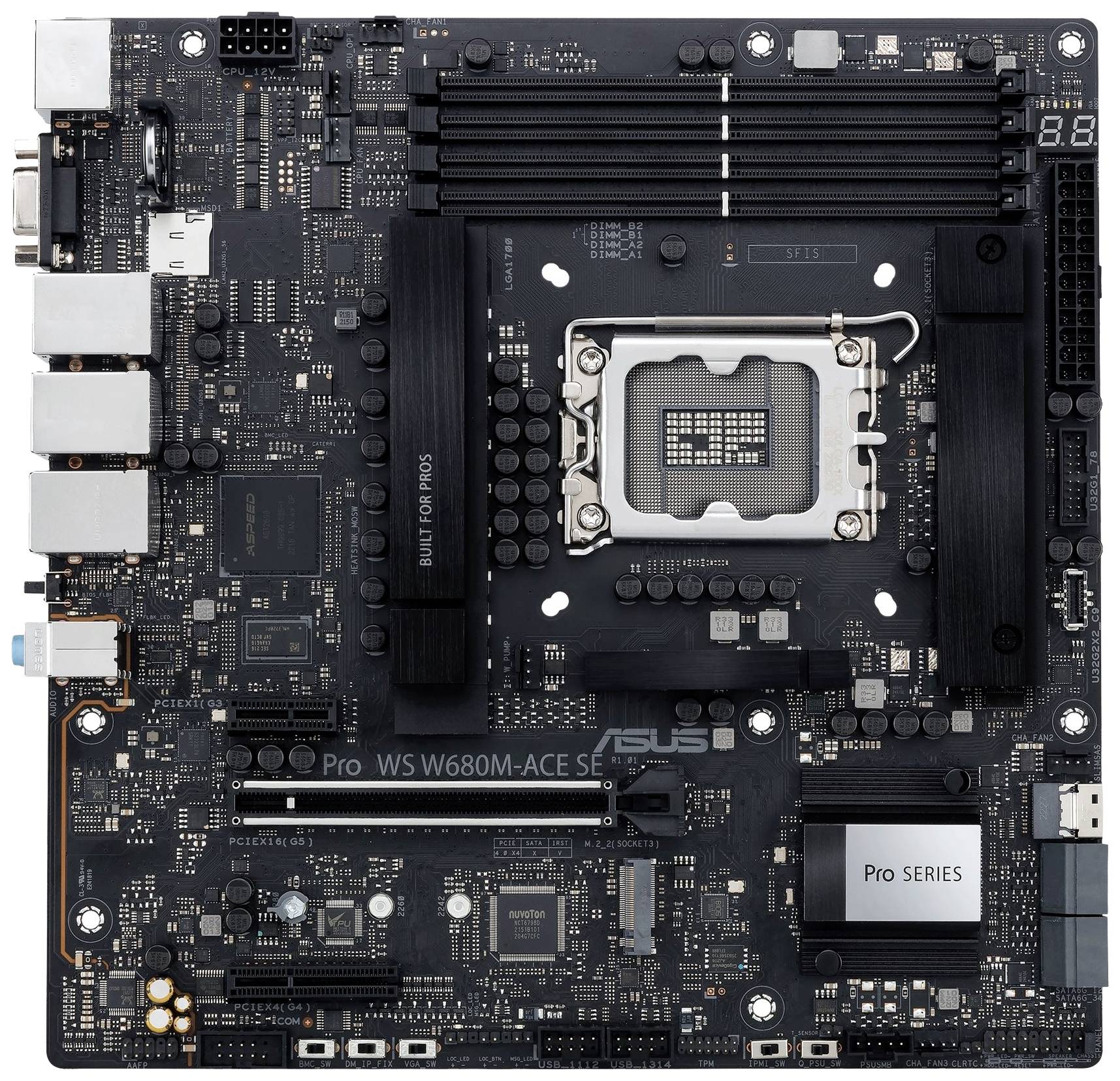 Matična plošča z LGA 1700 vtičnico, štirimi RAM režami in različnimi priključki. Model: ASUS Pro WS W680M-ACE SE.