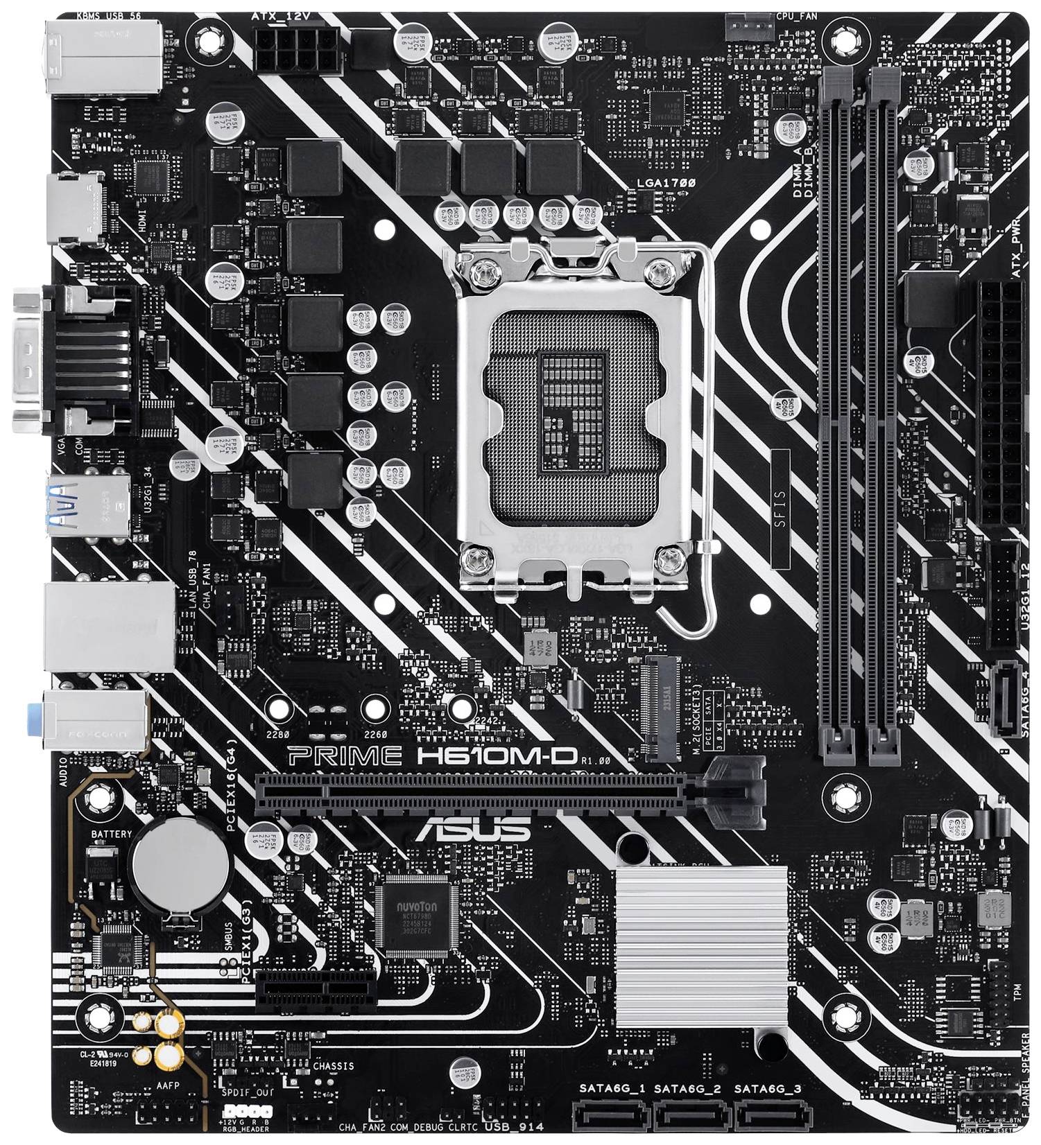 Slika matične plošče ASUS Prime H610M-D, ki prikazuje reže in priključke za procesor, RAM, PCIe in druge komponente.