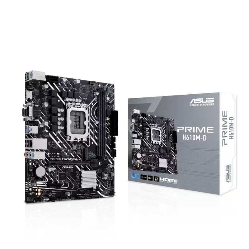 Slika prikazuje matično ploščo ASUS PRIME H610M-D in njeno embalažo. Matična plošča ima reže in priključke za računalniške komponente.