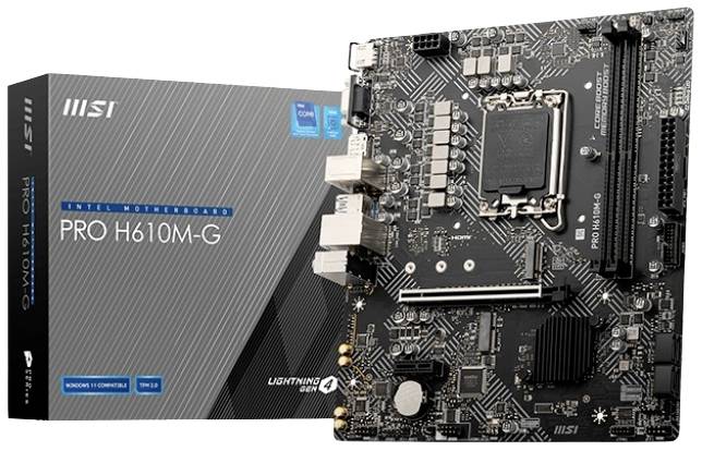 Matična plošča MSI PRO H610M-G poleg embalaže, prikazuje priključke in reže. Primerna za Intel procesorje, kompaktna in funkcionalna.