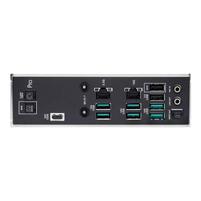 Zadnja stran računalniškega ohišja z več USB priključki, omrežnimi priključki, avdio priključki in stikalom za vklop/izklop napajanja.