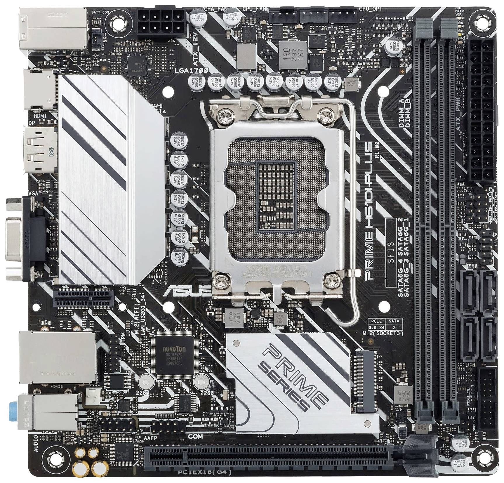 'ASUS Prime H510-Plus' matična plošča s CPU vtičnico, memory reže in različnimi priključki in vmesniki.