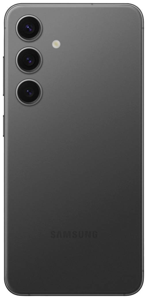 Črn pametni telefon s tremi objektivi kamere na zadnji strani. Zgoraj desno je majhna bliskavica. Logotip Samsung je viden spodaj.