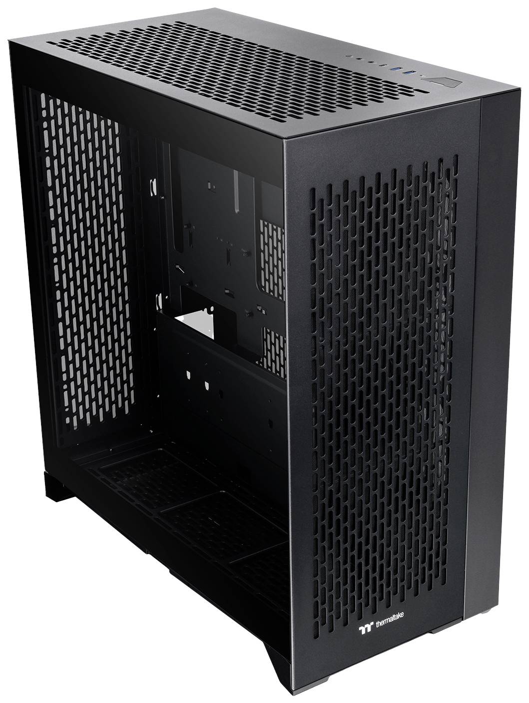 Črno ohišje za PC z stransko ventilacijo; odprto za namestitev komponent.