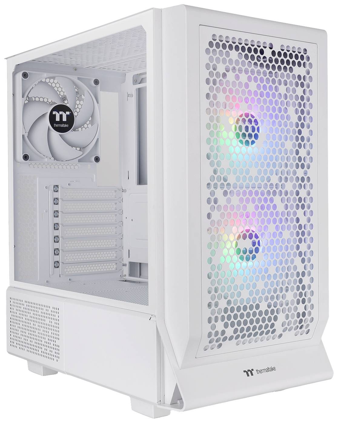 Belo ohišje računalnika z dvema RGB ventilatorjema spredaj in enim zadaj. Ohišje ima prezračevalno mrežico spredaj.