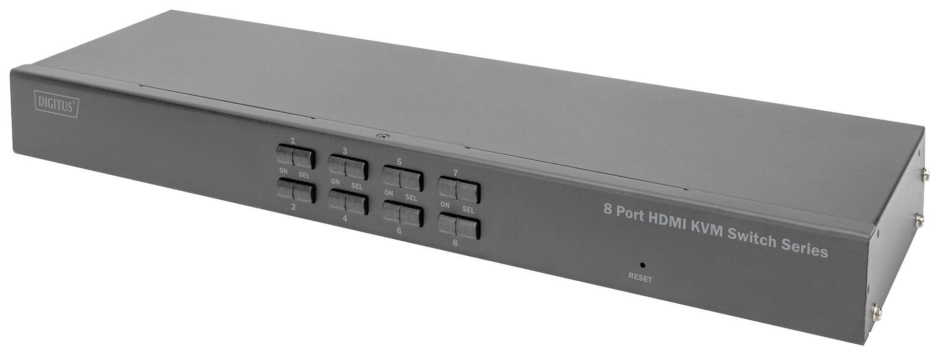 Siv 8-portni HDMI KVM stikalo. Sprednja stran prikazuje šest tipk za upravljanje priključkov.