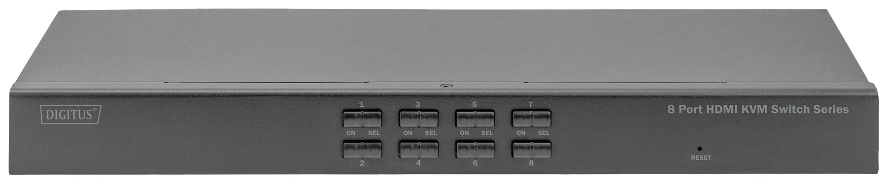 8-portno HDMI KVM stikalo znamke Digitus, pogled od spredaj z vidnimi priključki in tipkami za izbiro vhodnega vira.