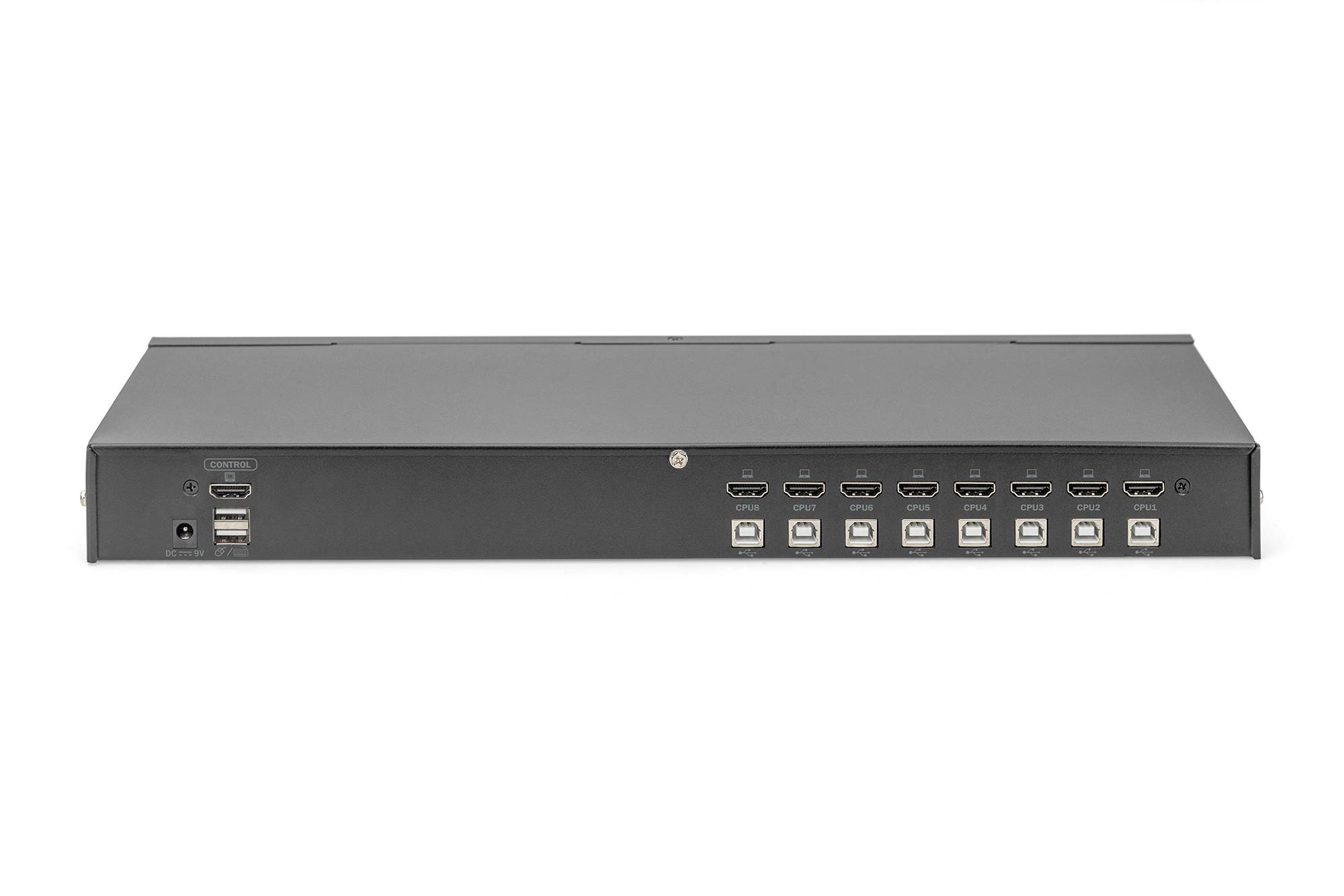Zadnja stran KVM stikala z več USB in HDMI priključki, razporejenimi v dveh vrstah za povezavo in upravljanje več naprav.