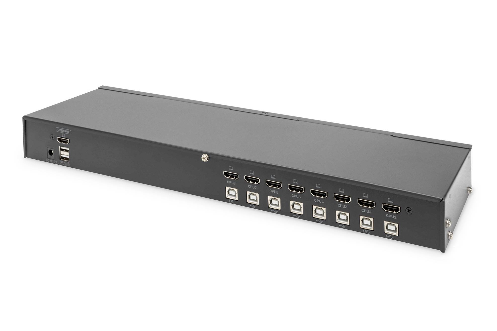 Črn elektronski preklopnik z osmimi HDMI-vrati in več USB-priključki za upravljanje več računalnikov z enega delovnega mesta.