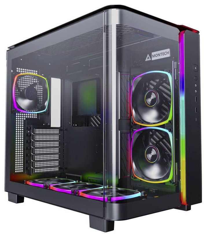 Gaming PC ohišje s prosojnim stranskim panelom, RGB osvetljenimi ventilatorji in sodobnim dizajnom za visoko zmogljivost in hlajenje.