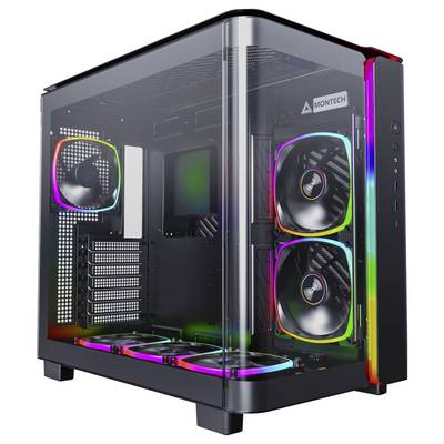 Gaming PC ohišje s prosojnim stranskim panelom, RGB osvetljenimi ventilatorji in sodobnim dizajnom za visoko zmogljivost in hlajenje.