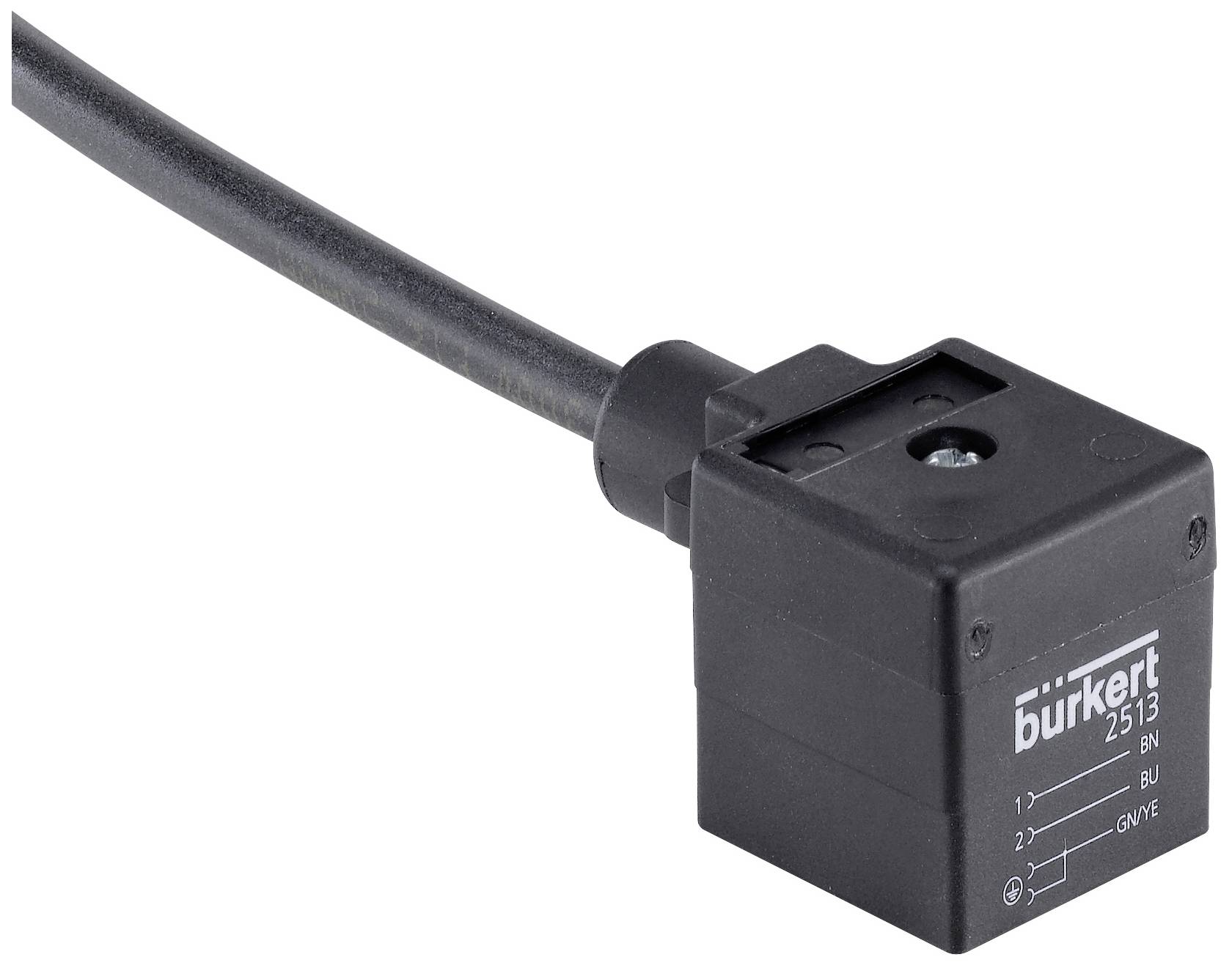 Kabel s črnim pravokotnim vtičem z napisom 'bürkert 2513'.
