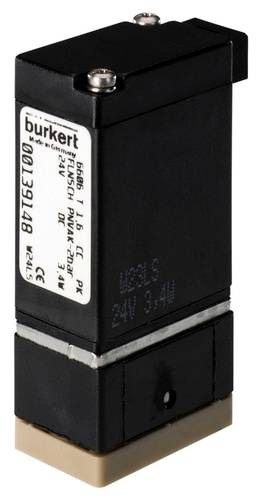 Majhen, črn elektromagnetni ventil z oznako 'burkert'. Uravnava pretok v sistemu tekočin ali plinov.