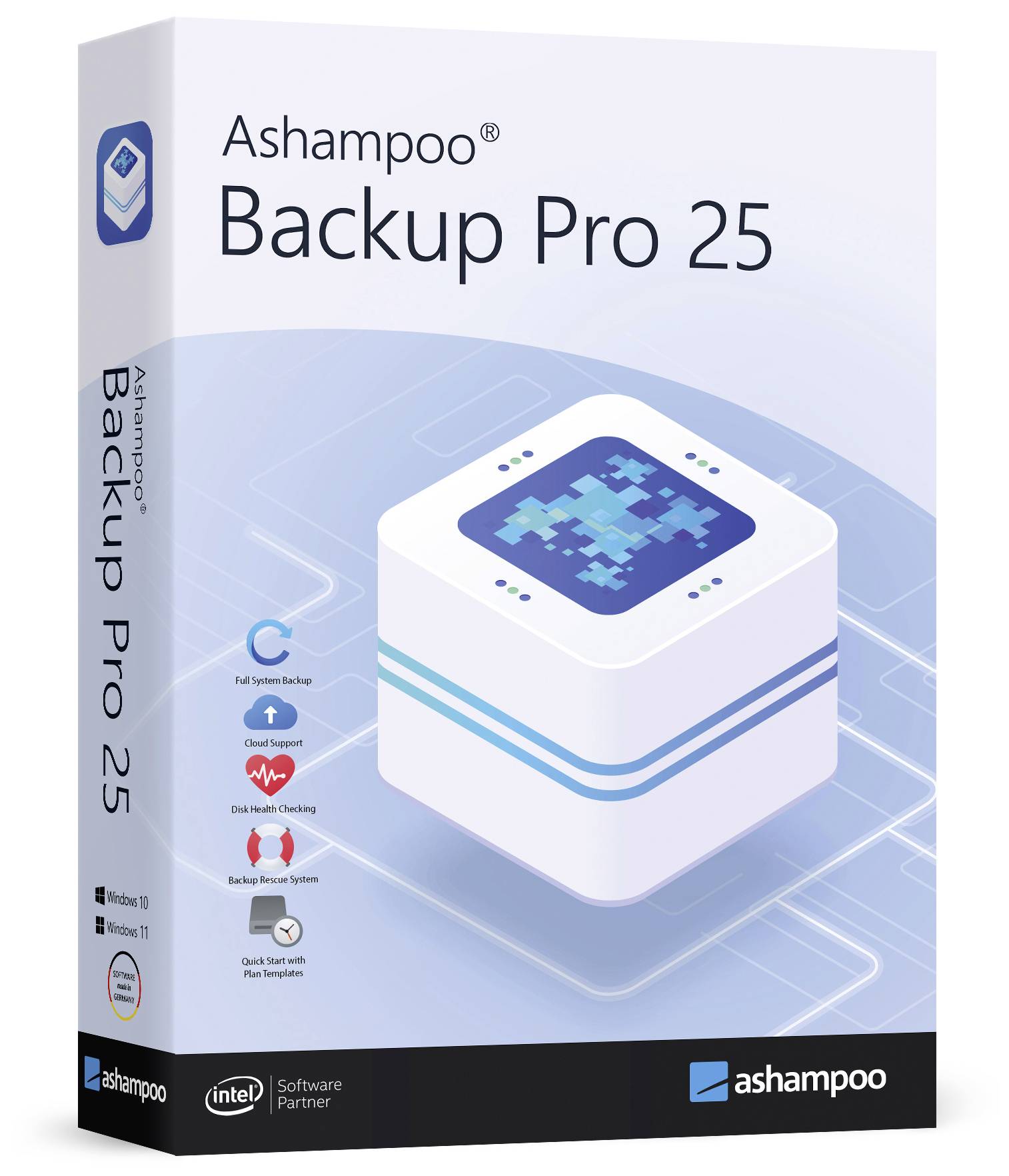 Embalaža programa 'Ashampoo Backup Pro 25' prikazuje stiliziran prikaz digitalnega pomnilniškega kocke na modrem ozadju.