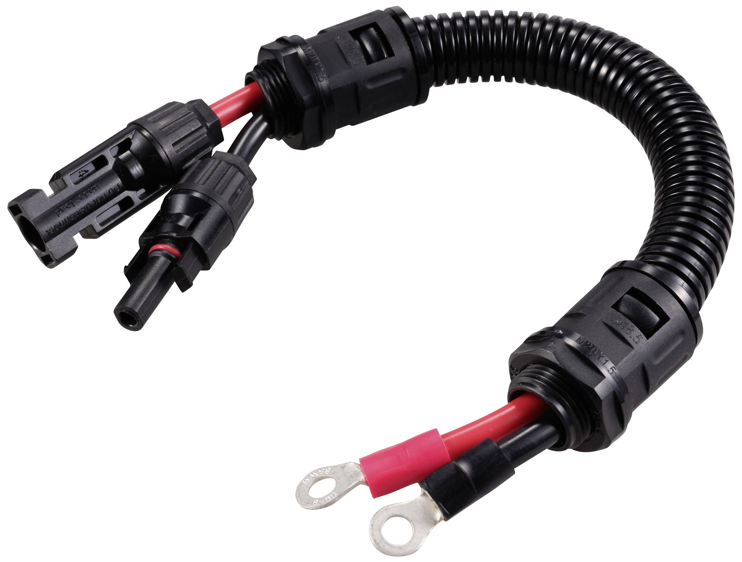 Solarni kabel z dvema MC4 priključkoma in dvema kabelskima koncema, primeren za povezavo solarnih panelov z baterijami ali polnilnimi regulatorji.