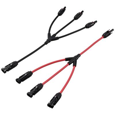 Dva Y-razcepna kabla, eden črn in eden rdeč, oba s tremi priključki na vsakem koncu, primerna za sončne elektrarne.