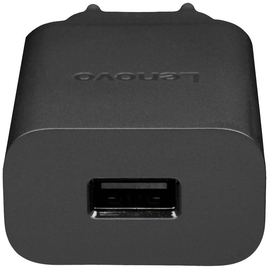 Črn USB polnilec z enim USB priključkom. Na vrhu je vtisnjen logotip znanega elektronskega proizvajalca.