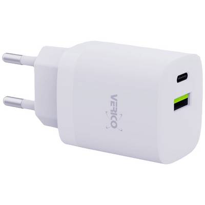 Belo USB polnilec z dvema priključkoma, USB-A in USB-C, ter evropsko vtičnico.