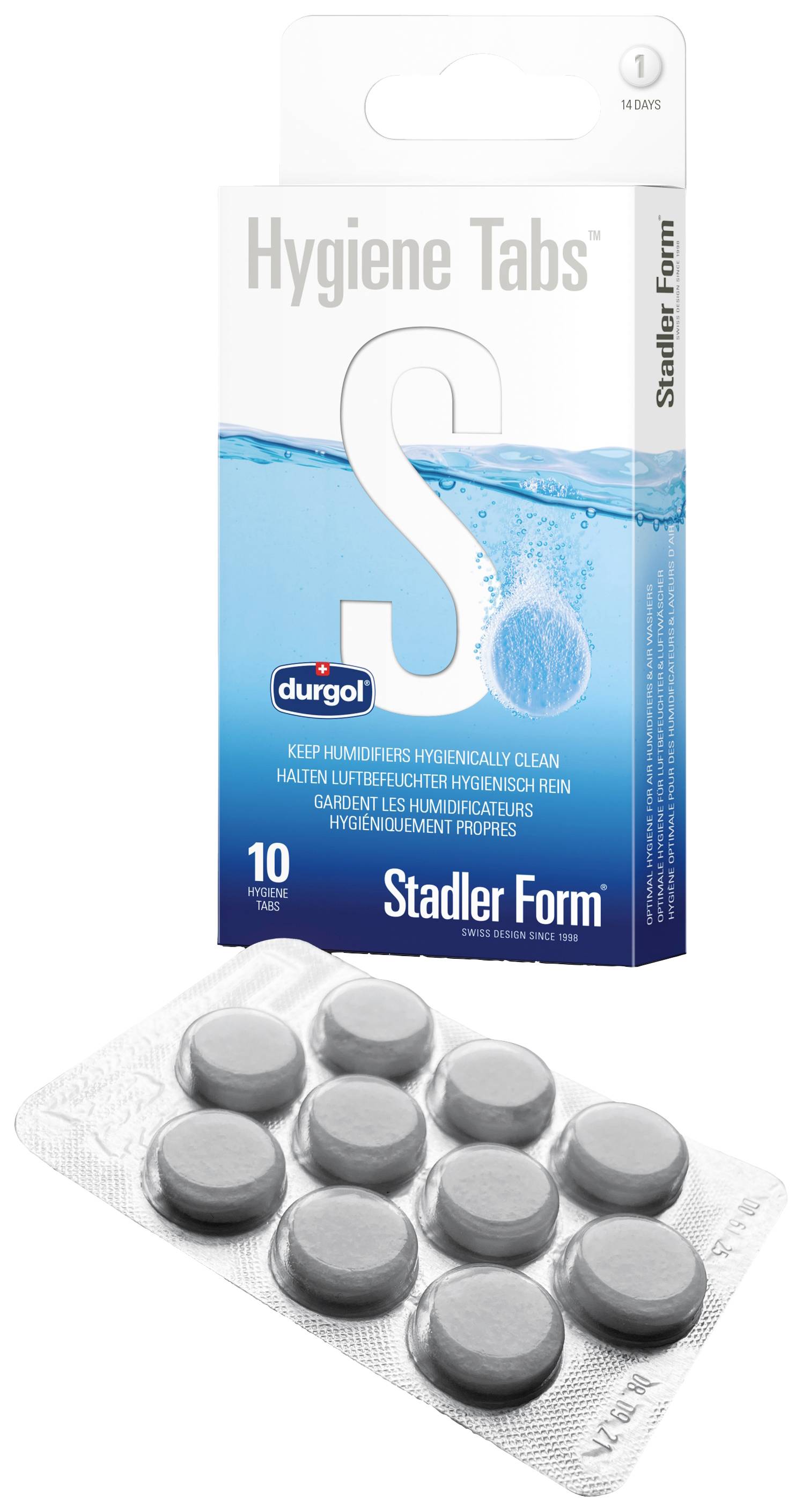 Embalaža in blister z 10 higienskimi tabletami, primernimi za odstranjevanje vodnega kamna. Blagovna znamka 'Stadler Form' in 'durgol' vidni.