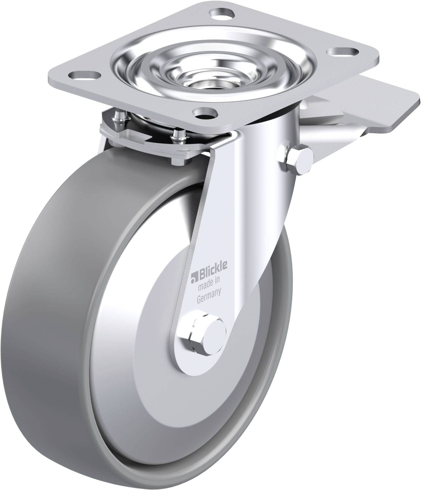 Kromirano težko vodljivo kolo s sivim gumijastim kolesom in nosilcem, primerno za industrijske aplikacije.