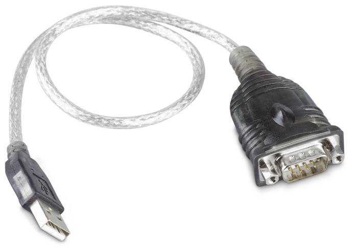 USB-serial kabelski adapter z USB priključkom na levi strani in serijskim priključkom na desni strani.