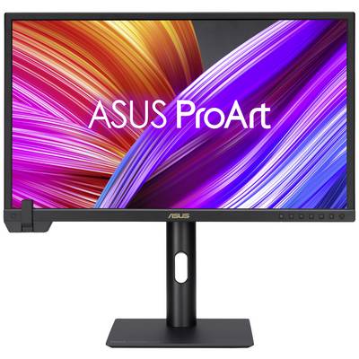 ASUS ProArt monitor z živobarvnimi barvnimi pasovi na zaslonu. Naprava stoji na črni stojalni podlagi.