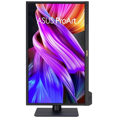 Zaslon ASUS ProArt v pokončnem formatu prikazuje živahne, abstraktne barvne proge v rožnati, vijolični in modri barvi.