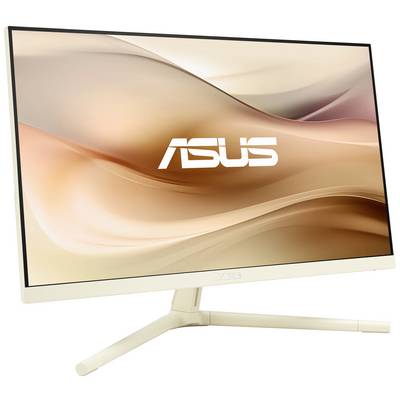 Sodoben računalniški monitor na stojalu prikazuje logotip 'ASUS' na abstraktnem bež-roza ozadju.