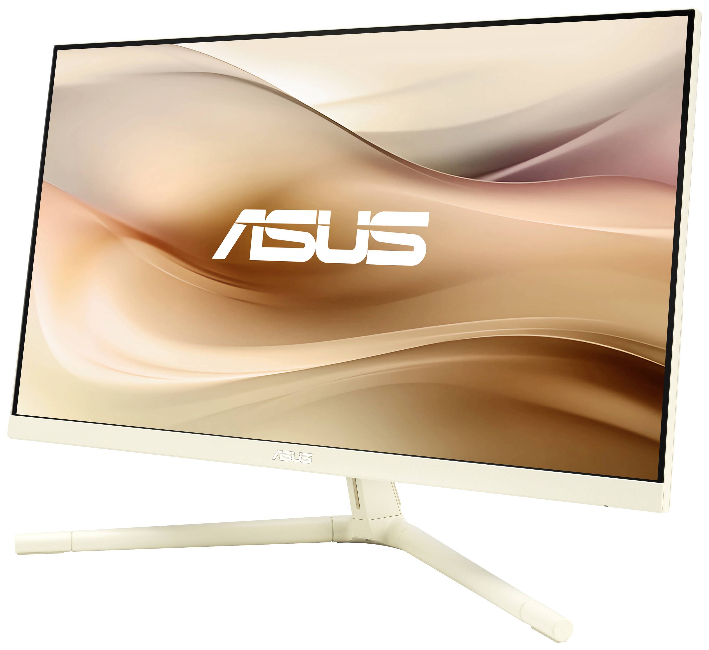 Bel Asus monitor s tankim dizajnom je viden s strani, z valovitim ozadjem na zaslonu.