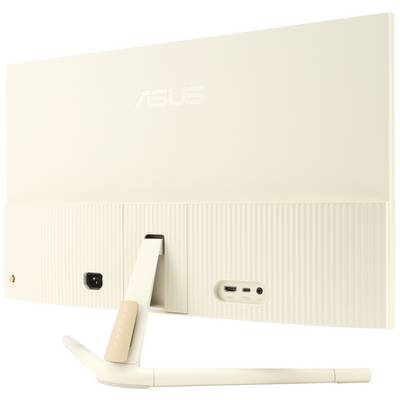Zadnja stran belega računalniškega zaslona z logotipom blagovne znamke, USB- in HDMI-priključki ter vitkim, poševno postavljenim stojalcem.
