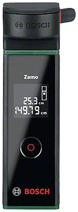 Slika prikazuje Boschev laserski merilnik razdalje 'Zamo' z dvema izmerjenima vrednostima: 25,3 cm in 149,79 cm na zaslonu.