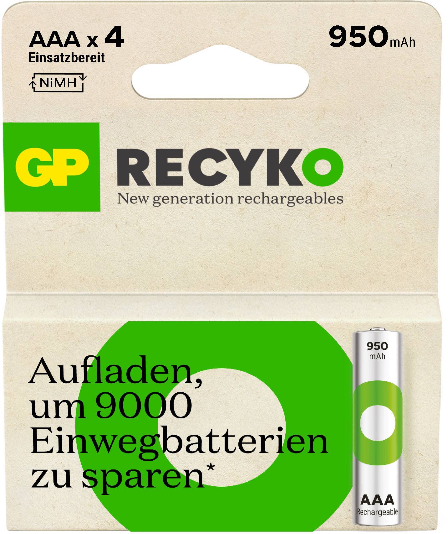 Paket GP ReCyko AAA baterij, 4 kosov, 950 mAh, NiMH, pripravljeno za uporabo. Besedilo: 'Napolnite in prihranite 9000 enkratnih baterij'.