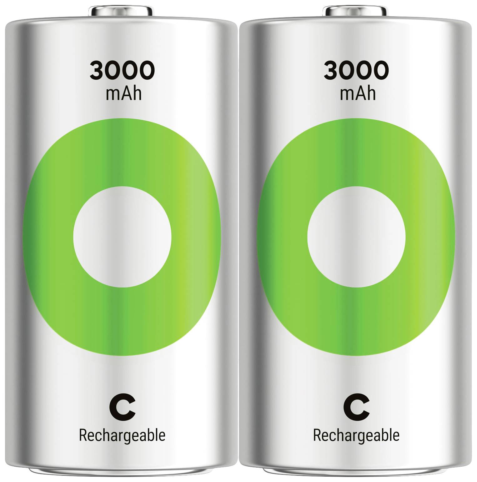 Dva polnljiva C-akumulatorja s kapaciteto 3000 mAh, srebrno ohišje z zelenim krogom na sredini.
