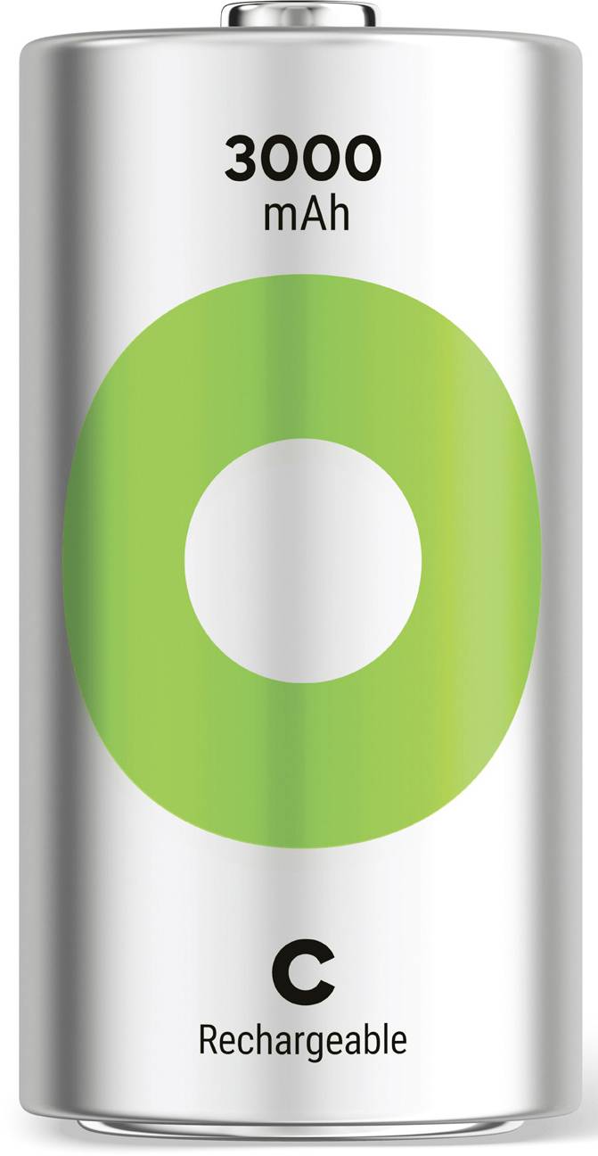 Polnilna C-baterija s kapaciteto 3000 mAh, srebrno ohišje z zelenim krogom na sredini.