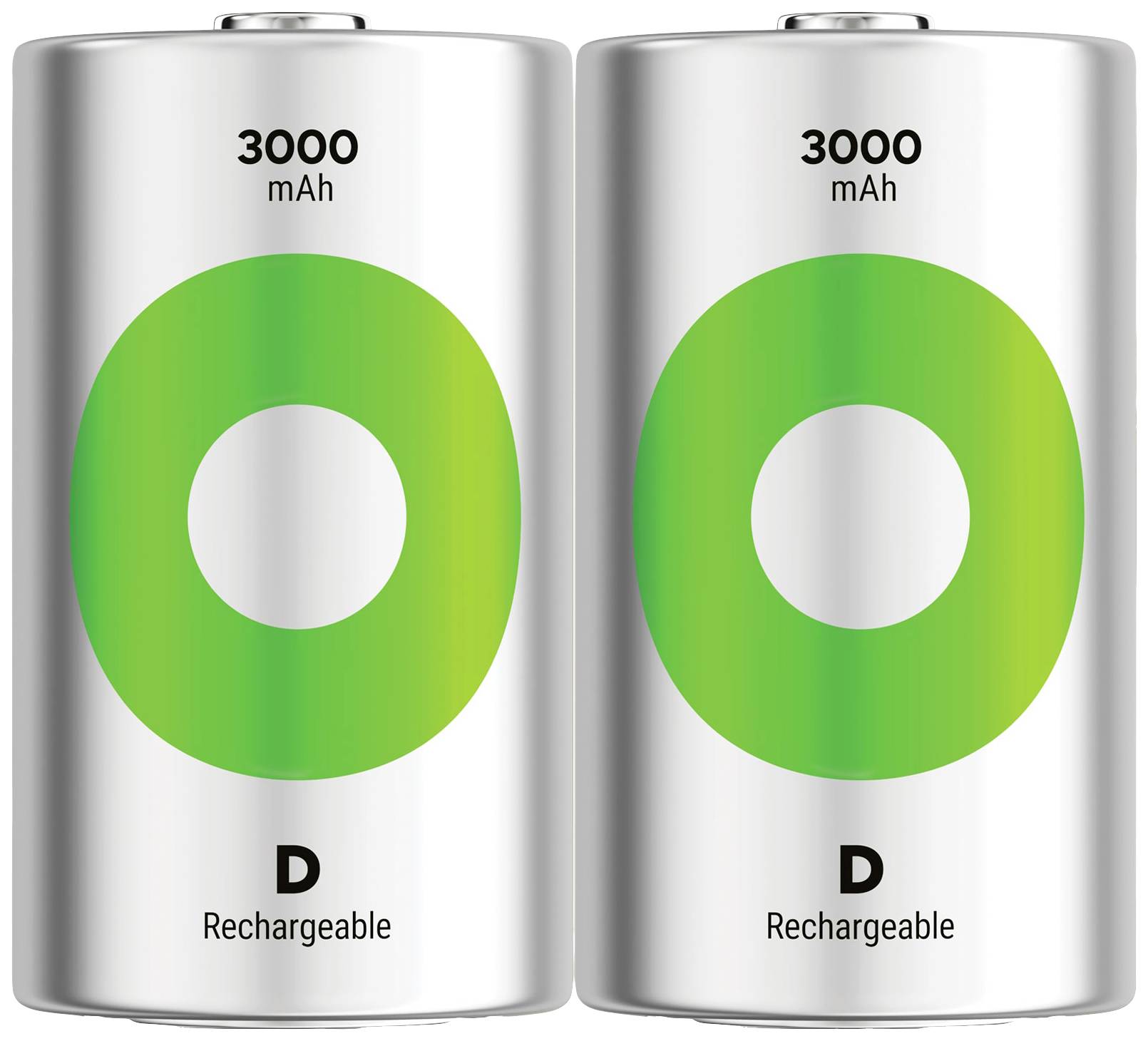 Dve srebrni, ponovno napolnjivi D bateriji z 3000 mAh zeleno oznako na beli podlagi.
