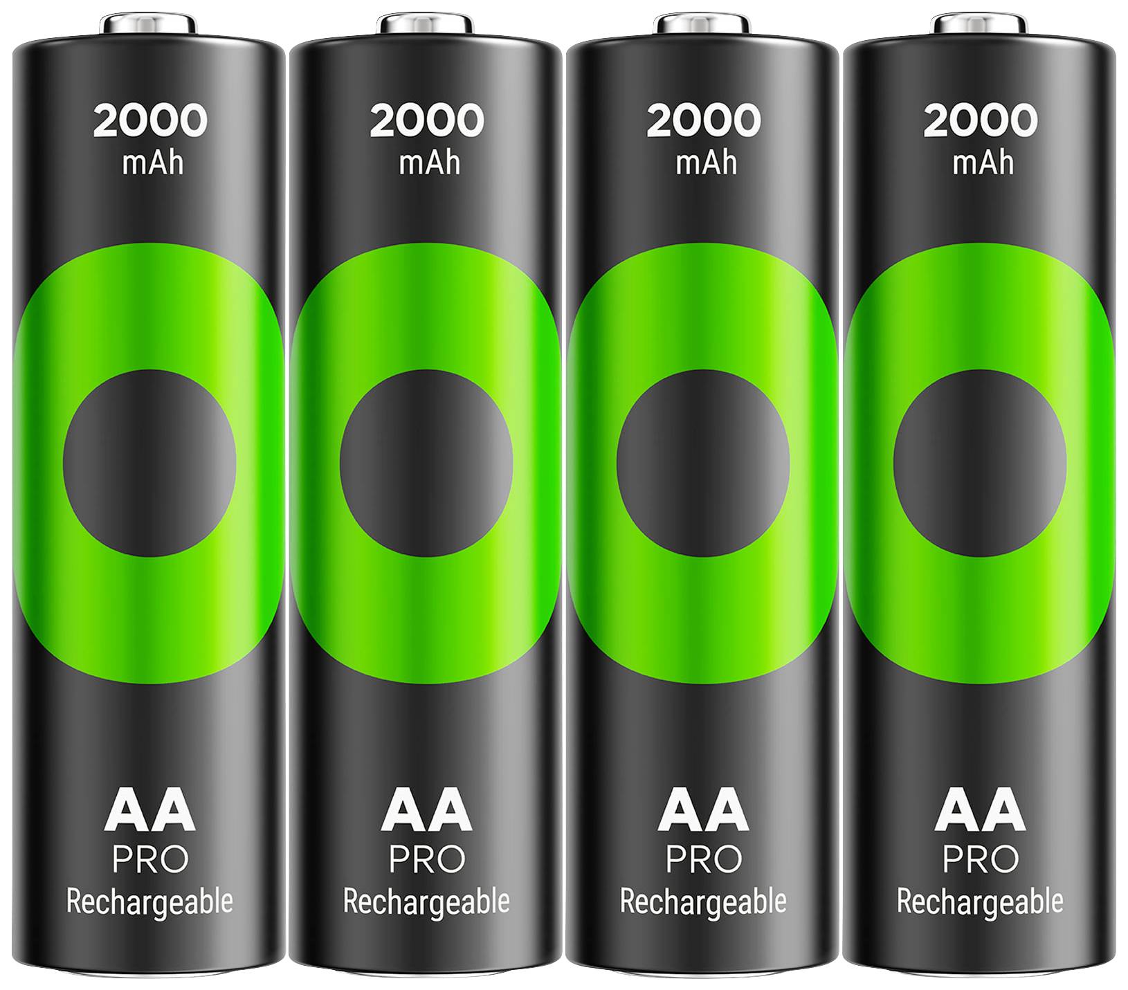 Štiri polnljive baterije AA, vsaka s kapaciteto 2000 mAh, z zeleno in črno dizajnom, postavljene druga ob drugi.