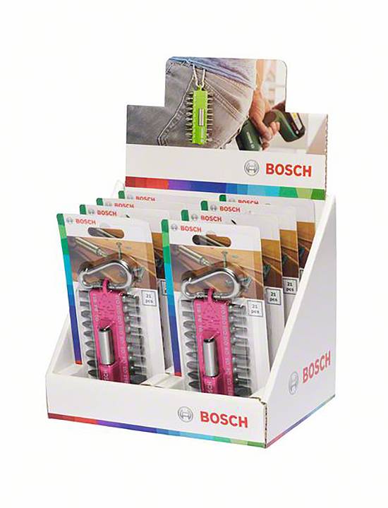 'Bosch' obesek za ključe z zaslonom: kovinski obesek za ključe v obliki karabina z mini kompletom izvijačev v izstopajočem pakiranju.