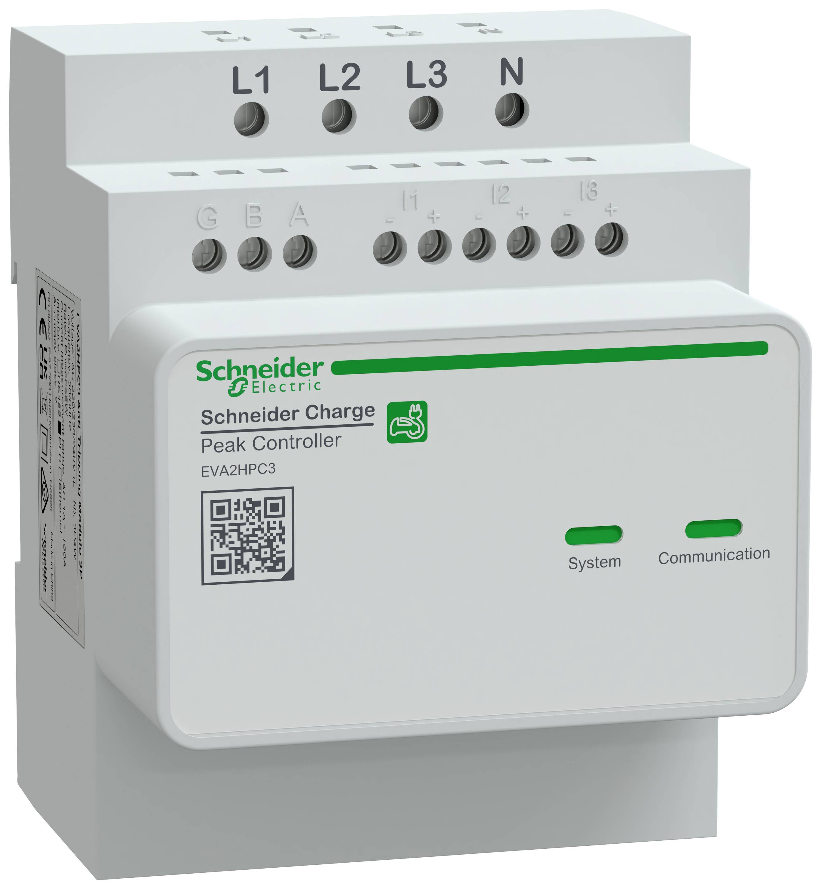 Bela naprava z napisom 'Schneider Electric' služi kot regulator električne energije. Ima priključke za fazne vodnike L1, L2, L3 ter nevtralni vodnik.