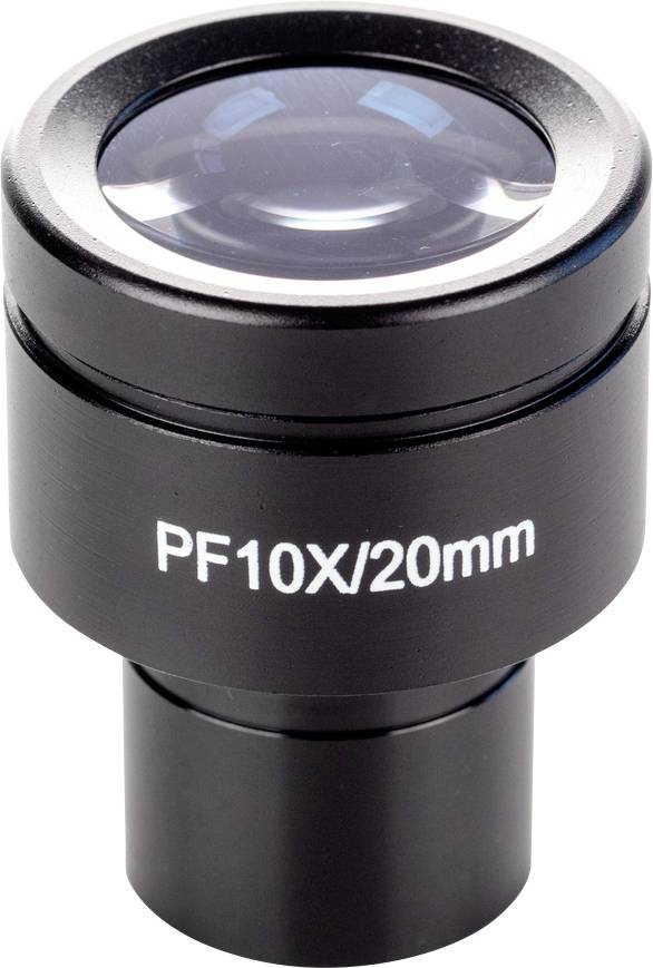 Črni mikroskopski okular z napisom 'PF10X/20mm', ki prikazuje povečavo in premer leče, na belem ozadju.