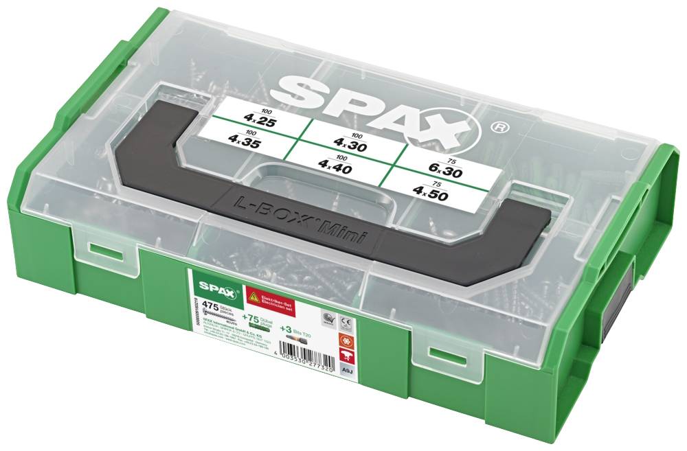 Plastična škatla znamke SPAX s vijaki, razdeljena na pet predalov z različnimi velikostmi vijakov od 4,25 mm do 4,50 mm.