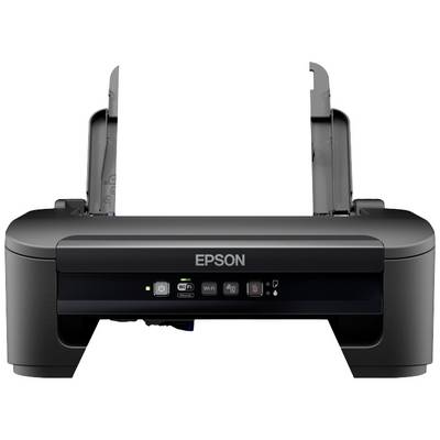 Črn Epsonov tiskalnik z odprtim predalom za papir. Upravljalna plošča z gumbi za vklop/izklop, WLAN in druge funkcije.