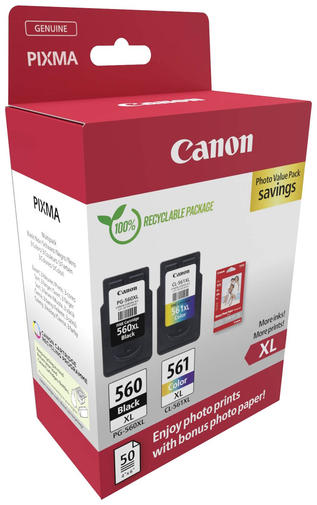 Komplet Canon PIXMA črnilnih kartuš v reciklažni embalaži. Vsebuje dva XL-tona, črnega in barvnega, z bonusom fotografskega papirja.