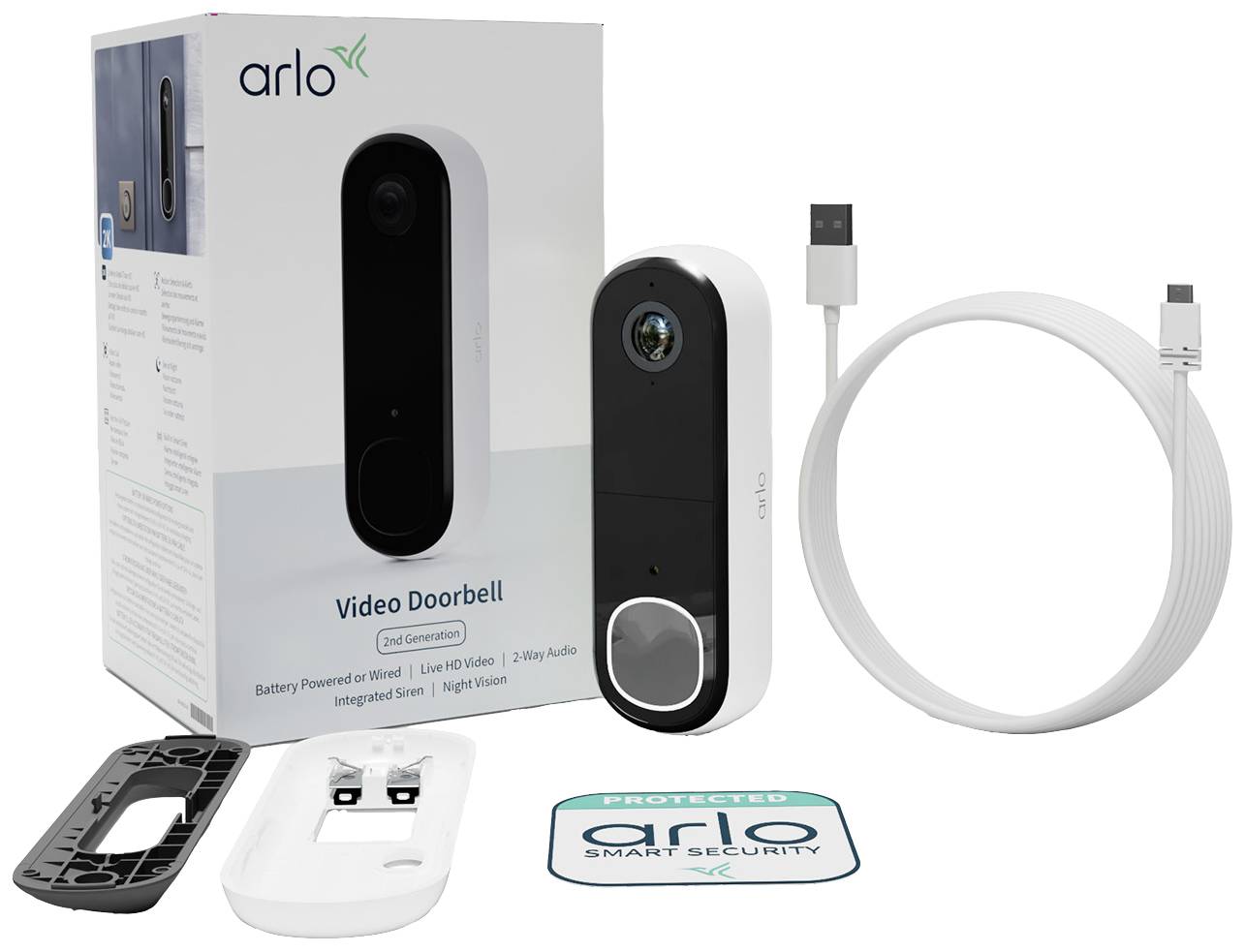Komplet Arlo Video Zvonca: Vsebuje video zvonec, polnilni kabel, stensko držalo in varnostni ščit. Možnost uporabe brezžično ali žično.