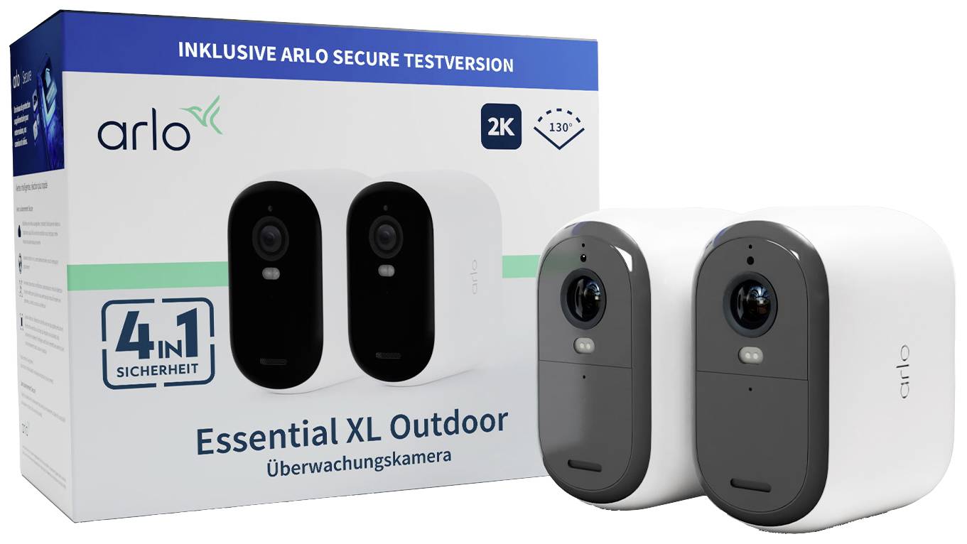Embalaža nadzorne kamere Arlo Essential XL Outdoor 2K prikazuje kamero in njeno produktno embalažo z vsemi podrobnostmi o napravi.