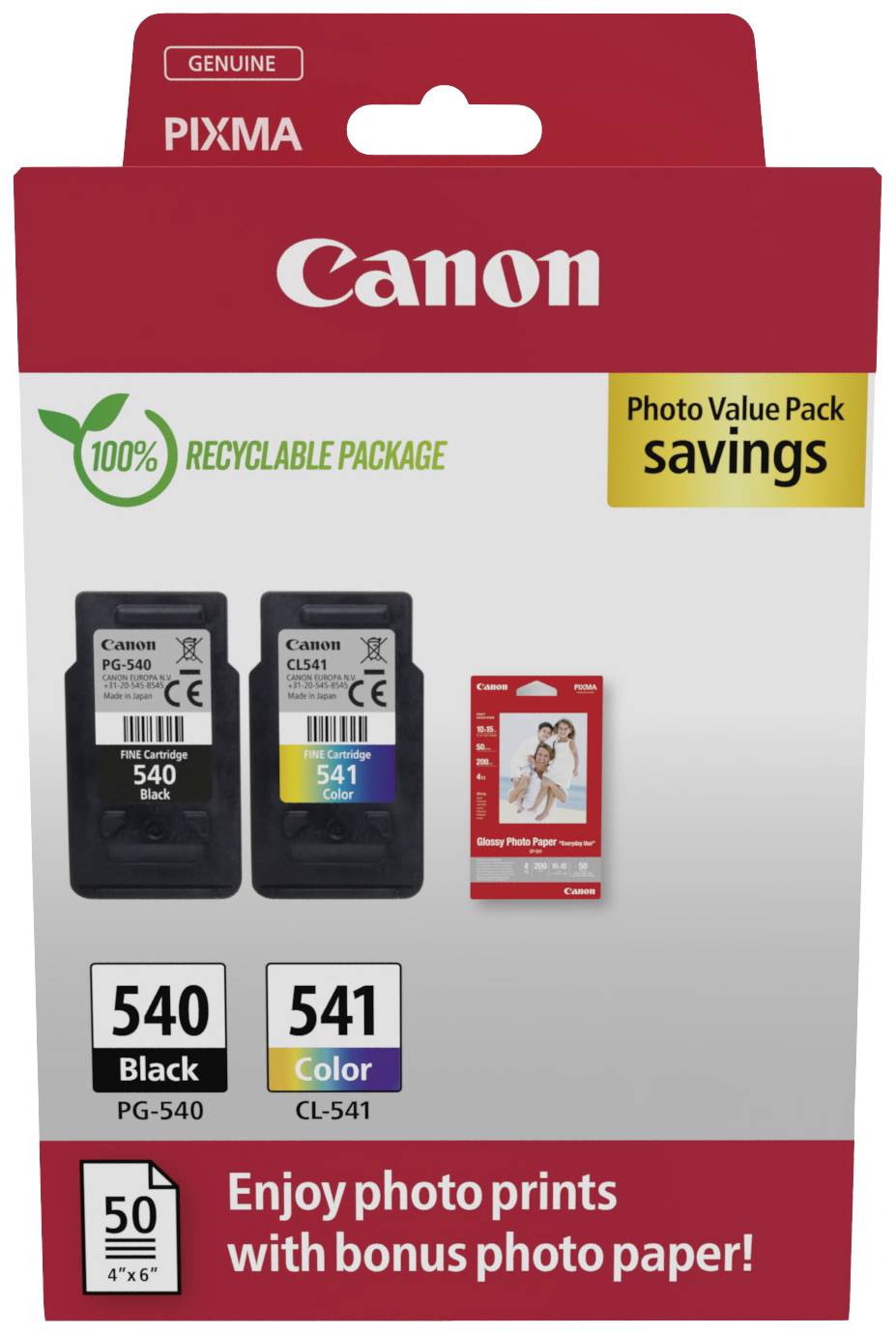 Paket Canon črnilnih kaset s črno PG-540 in barvno CL-541 črnilo, 100% reciklirana embalaža, vključuje bonus foto papir.