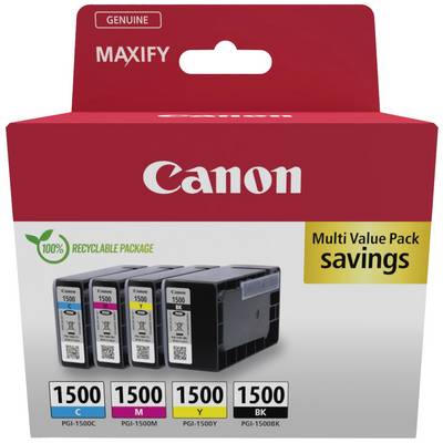 Komplet Canon Maxify črnilnih kartuš prikazuje štiri črnilne kartuše (cian, magenta, rumena, črna). Embalaža z napisom '100% reciklažna embalaža' in 'prihranki pri večpaketu'.
