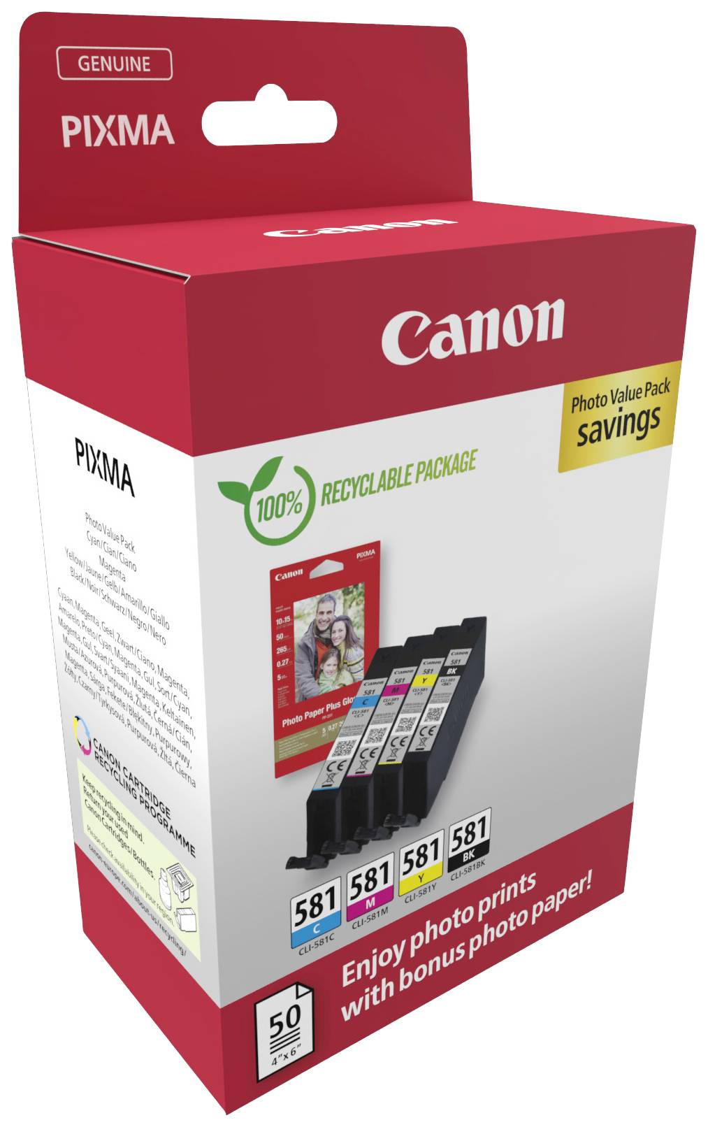 Paket Canon črnilnih kartuš z napisom 'Photo Value Pack'. Vsebuje štiri kartušne in 50 fotografskih papirjev. Embalaža 100-% reciklažna.