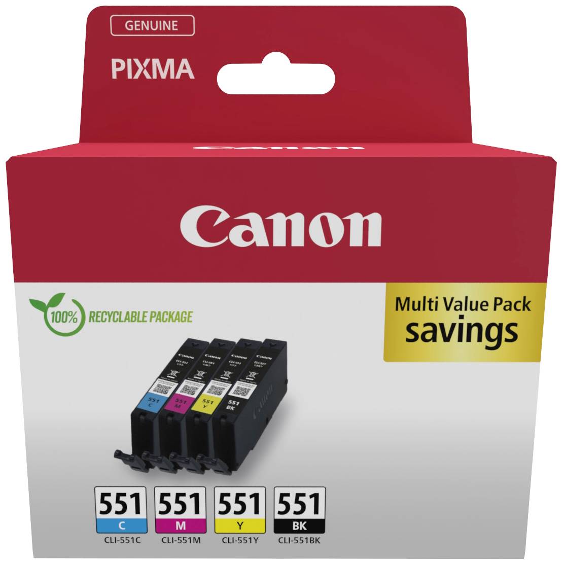 Komplet črnilnih patronov Canon Multi Value Pack v reciklirni embalaži. Vsebuje štiri barve: cian, magenta, rumena, črna.