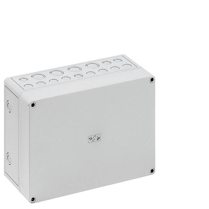 Pravokotno sivo ohišje z več okroglimi luknjami na vrhu, primerno za elektronske napeljave.