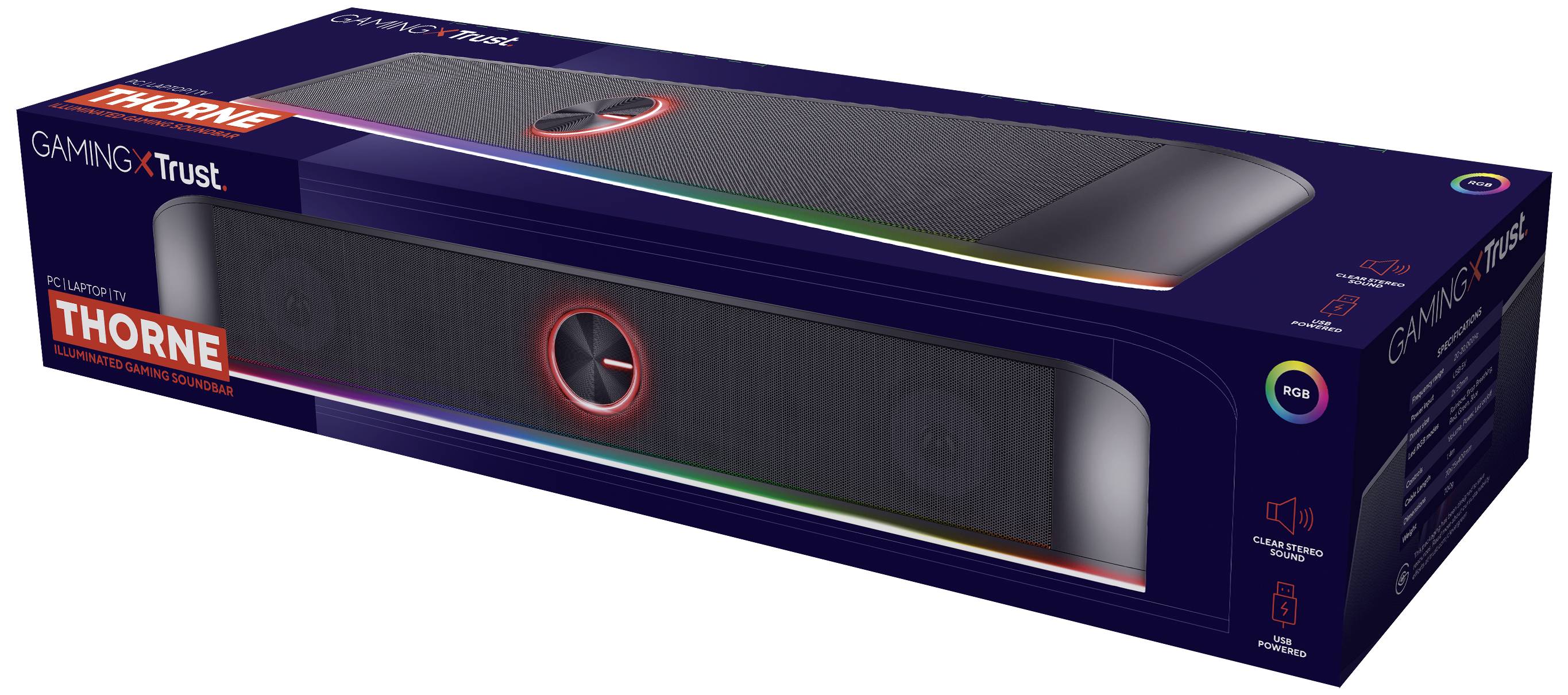 Embalaža zvočnika 'Trust Gaming Thorne', črna z LED osvetlitvijo. Napis: RGB, 12 W, Soundbar za igranje iger.